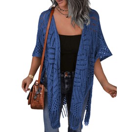 HOTOUCH Women's Summer Boho Kimono Open Front Hollow Out Crochet Cardigan Lightweight Knit Tassel Cover Up Blue