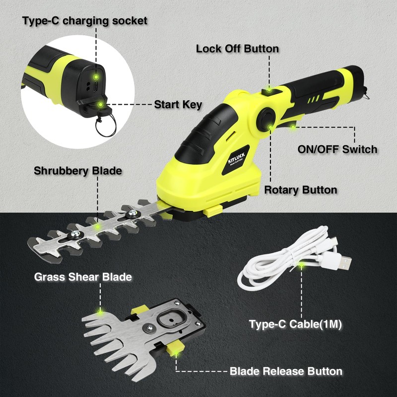 KITLUCK 8V Cordless 2-in-1 Grass Shear & Hedge Trimmer,Handheld Electric