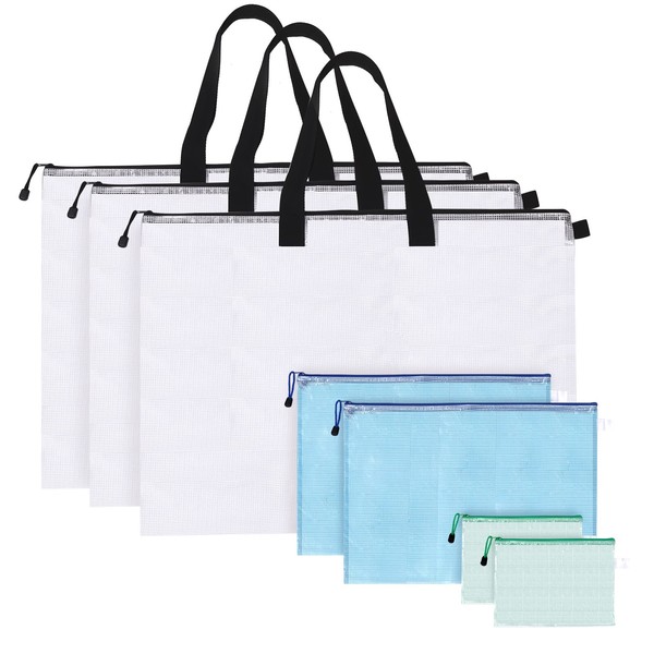 Mardatt 7Pcs 19” x 25” Art Portfolio Storage Bag with Handle and Zipper, 3 Sizes Waterproof Poster Storage Bag Mesh Folder Organizers Transparent Pencil Bag for Bulletin Board Painting