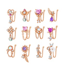 PLOMFOV 12Pcs Fake Nose Ring for Women Dangling Nose Cuffs Faux Clip on Nose Ring for Non Pierced Nose Rose Gold Tone