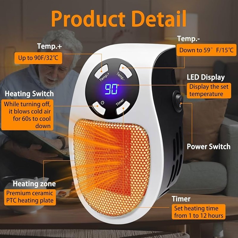 Mini Plug in Heater, Portable Wall Space Heater with Remote,