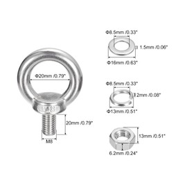 QUARKZMAN 4 Sets M8 x 20 mm Eye Bolt with Nut Washer 304 Stainless Steel Shoulder Eye Bolt for Hanging Items