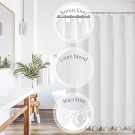 Gibelle Boho Farmhouse Shower Curtain Set, Linen Cotton Fabric Shower Curtain with Macrame Lace Decor, Modern Bohemian French Country Chic Bathroom Curtain with PEVA Liner 72x72 - White