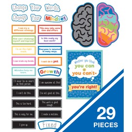 Carson Dellosa 29-Piece Growth Mindset Bulletin Board Set―Motivational Poster, Change Your Words Header, Fixed and Growth Brain With Mindset Phrases, Growth Mindset Bulletin Board Decorations