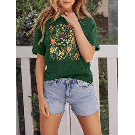 GEMLON Women's T Shirts Vintage Flowers Short Sleeve Tees Casual Loose Graphic Tops Boho Floral Shirts for Women Dark Green XXL