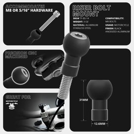 Tackform Black Motorcycle Riser Bolt GPS/Tuner Mount - 4-Hole AMPS Pattern | Compatible with Garmin, Dynojet, More | 3.5” DuraLock Arm | Billet Aluminum | 20mm Ball with Through Hole and M8 Hardware