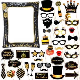 Happy Birthday Inflatable Selfie Frame Photo Booth Frame with 30Pcs Photo Booth Props,Black Gold Inflatable Picture Frame Blow Up Party Prop for Boys Girls Men Women Him Her Birthday Party Decorations