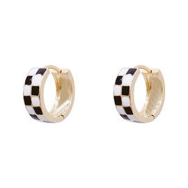 Chic Checker Small Hoop Cartilage Earrings for Women Girls Dainty 925 Sterling Silver Post 14K Gold Plated Tiny Round Circle Huggie Hoops White Black Enamel Hooped Gifts Her Birthday Bff