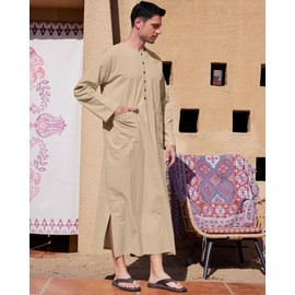 YAOHUOLE Muslim Men Abaya Mens Caftans Big and Tall Men Prayer Thobe with Pocket Khaki 3XL