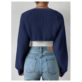 Verdusa Women's Cropped Cardigan Sweaters Lightweight Knit Open Front Bolero Shrugs Spring Fall Fashion Outfits Dark Blue Large