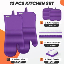 Oven Mitts Kitchen Towels and Dishcloths with Pot Holders Sets, Oven Gloves Hot Pads 500°F Heat Resistant with Silicone Grip, Include 2 Cooking Gloves/2 Potholders/4 Kitchen Towels/4 Dish Towels