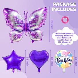 VTKELEISUR Butterfly Balloons,7pcs Purple Butterfly Birthday Decorations Set with Star Heart Balloons,Butterfly Baby Shower Decorations,Butterfly Party Decorations