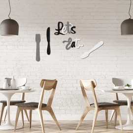 Jetec 5 Pcs Let's Eat Sign Kitchen Wall Decor Fork Spoon Knife Kitchen Decor Sign Rustic Farmhouse Wooden wall decorations for Home Dining Room Bar Cafe Restaurant(Black, White, Gray)