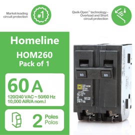 Square D HOM260 60 Amp (60A) Genuine Double Pole (2 Pole) Homeline Circuit Breaker, 120/240V AC, 10kAIC, Plug-in Mount for Homeline Load Centers, New Replacement Breaker – Pack of 1