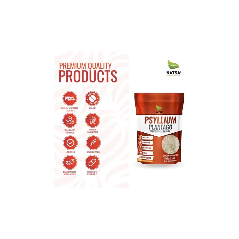 Psyllium Husk Plantago 500 g, 100 porciones, 100% Puro, Calidad
