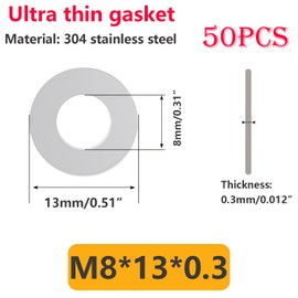 Qrity Pack of 50 Flat Washers M8 Round Washers 8 x 13 x 0.3 mm 304 Stainless Steel Flat Lock Washers for Bolts and Screws