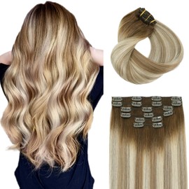 SAFIRENY Clip in Hair Extensions Human Hair Double Weft Balayage Color Walnut Brown To Ash Brown and Golden Blonde,Clip in Hair Extensions,14 Inch 100g,6pcs Per Set With 18 Clips（#3/8/22,14")
