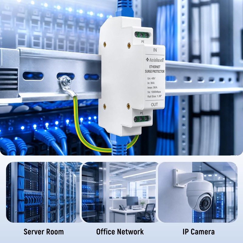 Ethernet Surge Protector PoE, DIN-Rail Gigabit Network Lightning Arrester