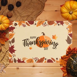 Thanksgiving Placemats Set of 4 Fall Pumpkin Maple Leaves PVC Placemats for Dining Table Waterproof Table Mats Holiday Table Decorations Yellow 12 × 18 inch