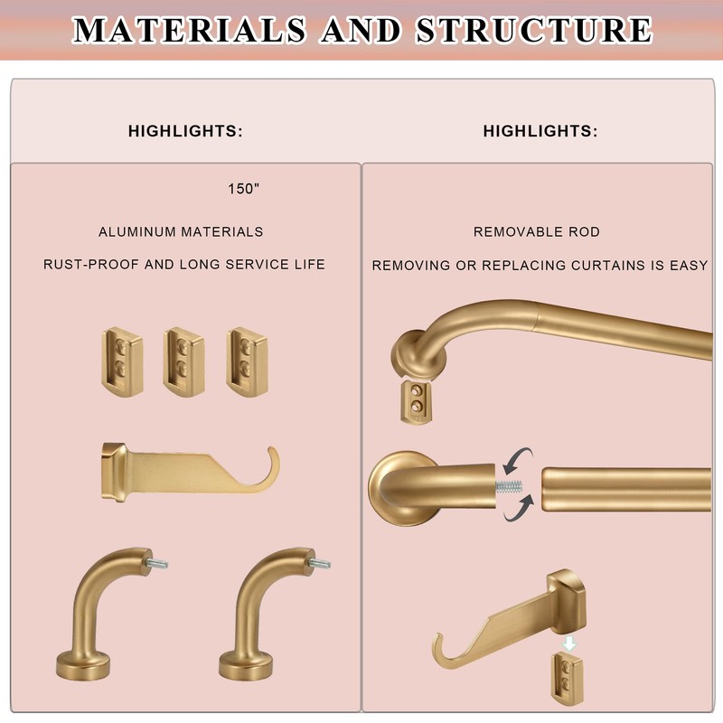 Warm Gold Curtain Rods 2 Pack,1 Inch Disc Curtain Rods