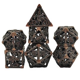 7-Piece Crafted Hollow Metal Dice Set - Dragons - D&D - Dungeons and Dragons - D4 D6 D8 D10 D20 Bronze!!! (Ancient Copper)