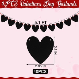 40 Felt Hearts Valentines Day Decorations, 4PCS Valentines Day Garland, Gothic Black Valentines Day Banner, Pre-Assembled Valentine Banner Adjustable Heart Banner for Valentine' s Day Party Decor