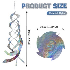 4 Pieces 20 Inches Silver Spiral Bird Reflectors Deterrents for Outside, Hanging Mylar Reflective Wind Spinner Bird Repellent Devices Keep Animals Away for Outdoor Patio Lawn Garden Decorations