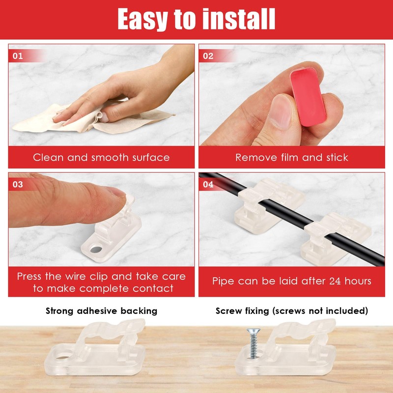 100 Stück Selbstklebende Kabelhalter, Kabelclips, Selbstklebend oder Lochen, Kabelhalter Wand