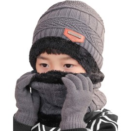 T WILKER 3Pcs Boys&Girls Winter Knit Hats Neck Warmer Scarf and Touch Screen Gloves Ski Beanie Cap Scarves and Gloves Set for Kids (Gray)