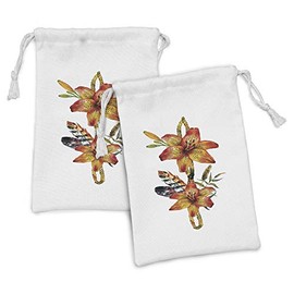Lunarable Floral Fabric Pouch Set of 2, Tiger Lily Flowers with Feathers and Wild Herbs, Small Drawstring Bag for Toiletries Masks and Favors, 9" x 6", Orange Multicolor
