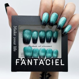 FANTACIEL 10 PCS Handemade Press On Nails Cat Eye Design Acrylic Nails Reusable Short Coffin Fake Nails Gradient Turq 7 S