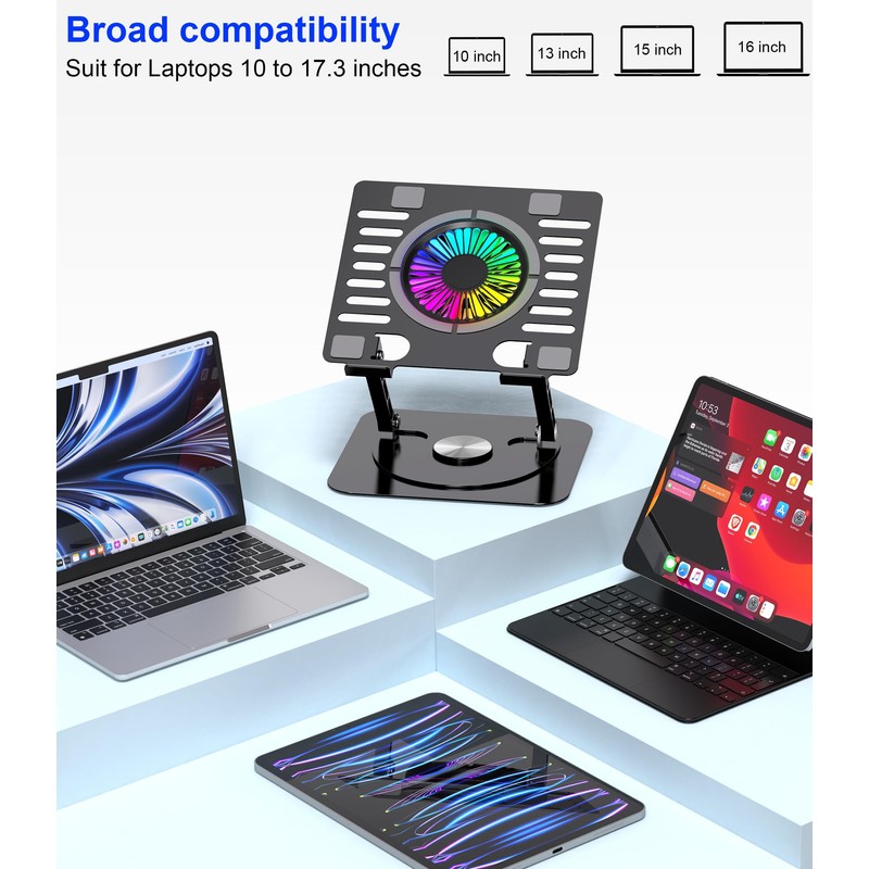 YTech Laptop Stand,with 360°Rotating Base,External Cooling Fan,Adjustable RGB Lighting,Ergonomic Foldable
