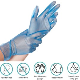 Handicare Disposable Blue Vinyl Gloves, Powder-Free, Latex-Free, Non-Sterile, Food Safe, Cleaning, Industrial Grade, Medical Exam (Box of 100, Extra Large)