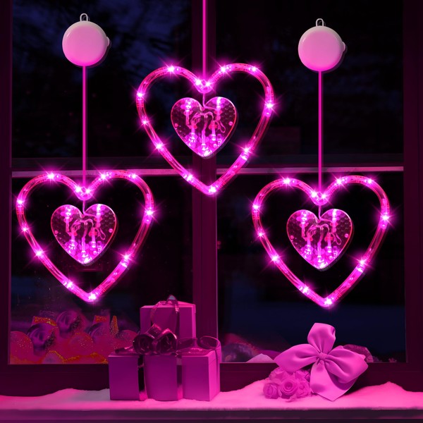 LYUBASA 3 Pack Valentines Day Window Lights Decorations with Timer,