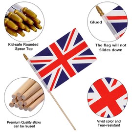 12 Pack 5x8 Inch Small British Flags on Stick，Flag of UK with Kid-Safe Spear Top, Polyester Full Color Tear-Resistant Flag,Patriotic and Party Decorations, Suitable for Parades, Festival Celebrations, Anniversaries, International Festivals.
