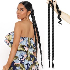 Long Ponytail Hair Extensions For Black Women Double Braided Ponytail Black Straight Ponytail Wrap Around Black Hair Extensions Braided Ponytail With Hair Tie Natural Soft Hair Piece Synthetic