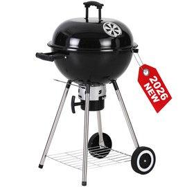 GREEN PARTY 18 inch Kettle Charcoal BBQ Grill with Wheels, Portable Charcoal Grill with Porcelain-Enameled Lid & Ash Catcher for Outdoor Cooking Barbecue Camping Picnics Tailgating, Black