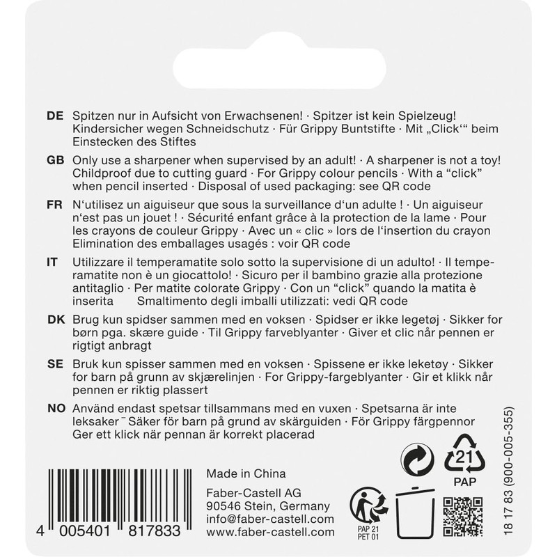FABER-CASTELL 181783 - Anspitzer Grippy mit Schneidschutz, blau, Spitzer Kinder