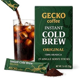 Gecko Coffee Café Instantáneo Frío, Café Instantáneo Artesanal En Palitos, 100 % Arábica, Tueste Medio-Oscuro, Sobres Individuales, Suave Y Rico, Caliente O Helado, Sin Azúcar, Ecológico, 25 Unidades
