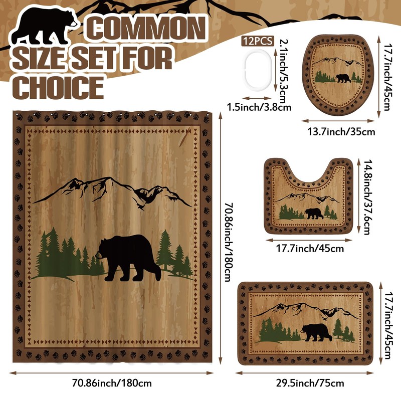 Drydiet 4 Pcs Rustic Cabin Bear Shower Curtain Set Wild