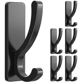 Adhesive Wall Hooks for Towels Coats - Stick On Hooks Hanging Heavy Duty (13lb), Metal Hook for Door, Bathroom, Dorm, Closet - Hanger for Purse, Bag, Robe,Backpack - No Damage to Wall - Black 6 Pack