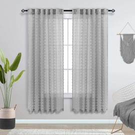 KOUFALL 63 Inch Length 2 Panels Light Grey Curtains for Bedroom Boho Pom Pom Fluffy Furry Textured Gray Sheer Bay Window Curtains Living Room,52 by 63 Inches Long