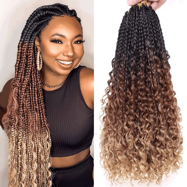 Xtrend 18 Inch 8 Packs Boho Box Braids Crochet Hair with Curly Ends 15 Strands/Pack Pre Looped Messy Goddess Box Braids Hair Extensions Custom Synthetic Bob Goddess Locs Hair 53#