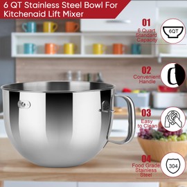 Kitwanda Stainless Steel Lift Bowl Compatible with Kitchenaid 6-qt. Mixing Bowl with Ergonomic Handle, KIT6