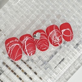 Red Drawing Handmade Nail Tips - Long Round / 레드드로잉 수제네일팁 - 롱라운드