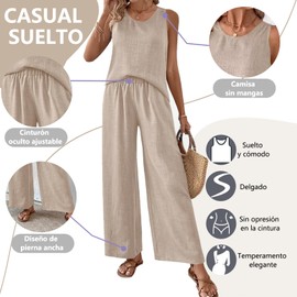 Conjuntos Casuales para Mujer, Pantalon Pierna Ancha Mujer, Chaleco de Encaje (Marrón, Grande)