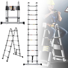 12.5FT Aluminum Telescopic A-Frame Extension Ladder 2-in-1 Portable Collapsible Ladder with Stabilizer, 6+6 Steps Adjustable Height, Multi-Purpose A-Frame Extendable Ladder, 330lbs Load Capacity