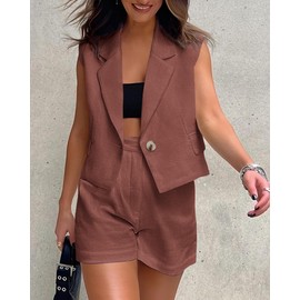 KIRUNDO 2 Piece Sets for Women Summer Sleeveless Lapel Button Cropped Vest Blazer and Shorts Set Work Outfits for Women Office Airport Outfit (Brown Red, Large)