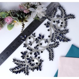 Feathers Creation Ltd Sparkling Rhinestone Applique Heavy Beads Motif Diamante Crystal Lace Patch Craft Sewing on Bridal Wedding Ball Dress Gown Iron On oe sewon (Navy Blue)