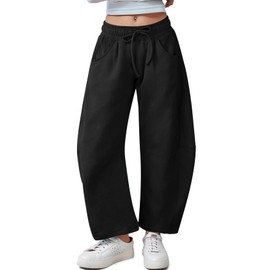 Kissonic Womens Barrel Leg Sweatpants Elastic Waist Drawstring Wide Leg Pants Baggy Lounge Pants with Pockets(Black-M)